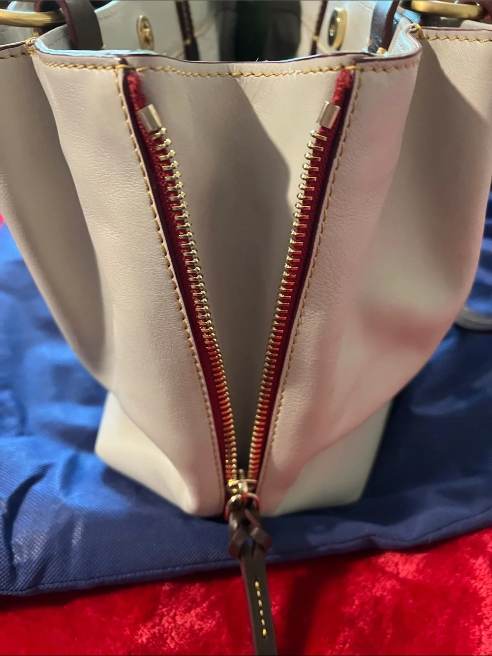 Dooney & Bourke Cream Leather Shoulder Bag with Brown Strap Accents